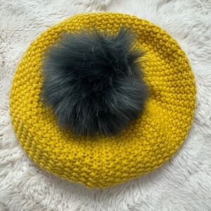 NWOT Anthropologie Yellow Wool Blend Beret with Smokey Green Faux Fur Pom Pom